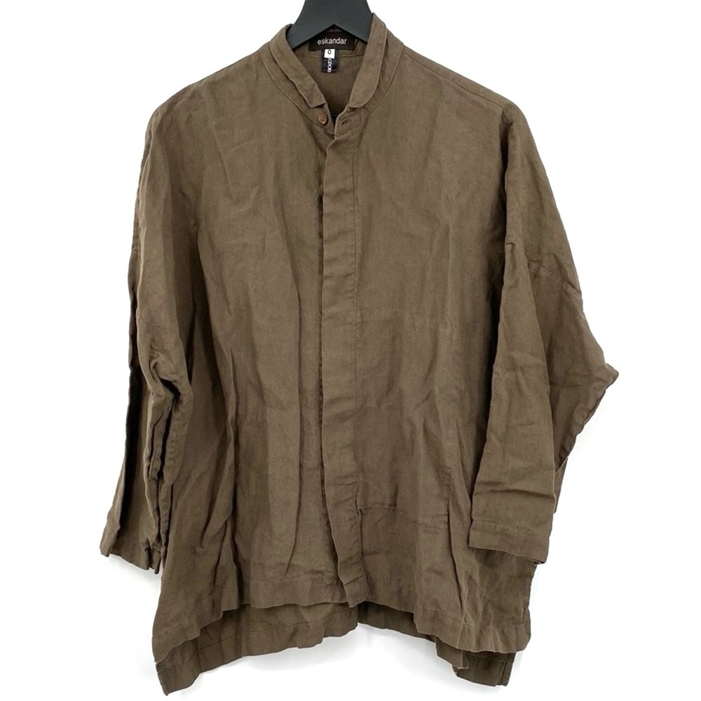 Eskandar Boxy Button Up Top 0 (6-8) Brown 100% Linen‎ Lagenlook Mandarin Collar